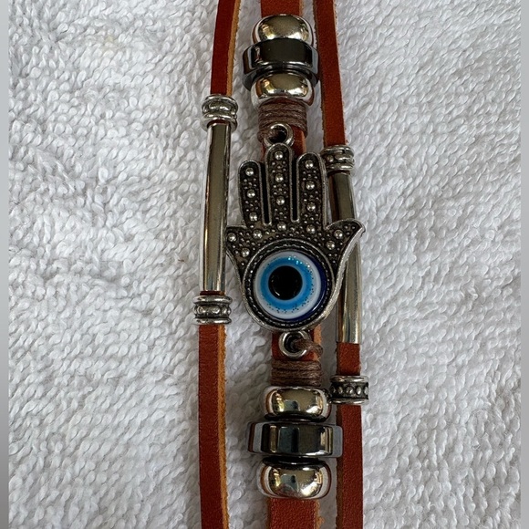 Hamsa Unisex Evil Eye Leather Wrap Bracelet - Stainless Steel Clasp - Picture 4 of 9